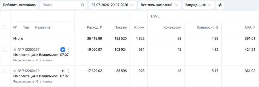 Статистика кампаний: Имплантация и стоматология, Владимир